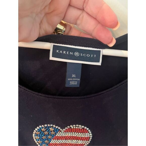 Karen Scott Navy Wide Neck Crystal American Flag  Heart 4th of July T-Shirt sz X - Picture 3 of 4
